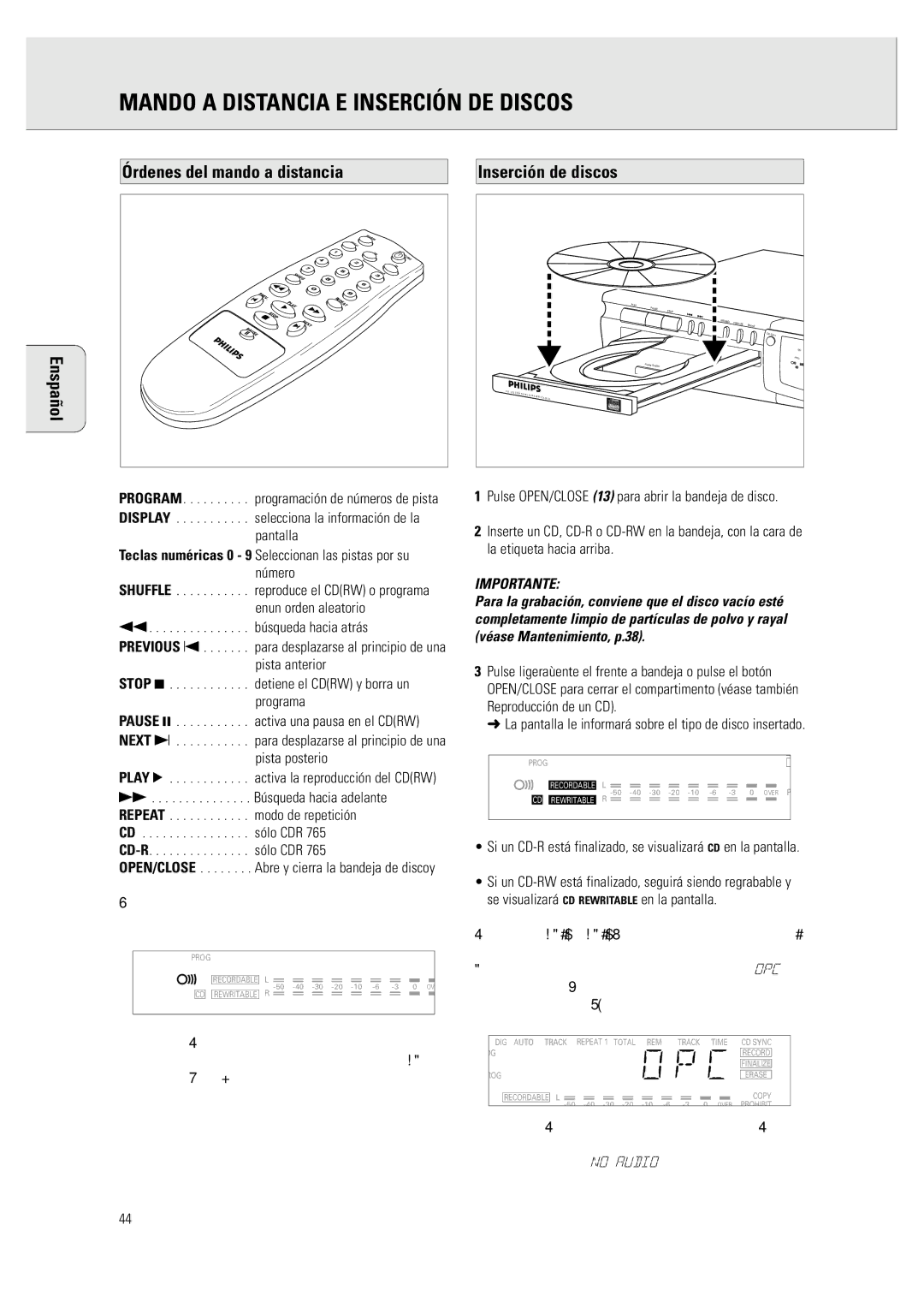 Philips CDR 760 manual Mando a Distancia E Inserción DE Discos, Órdenes del mando a distancia, Inserción de discos, Shuffle 