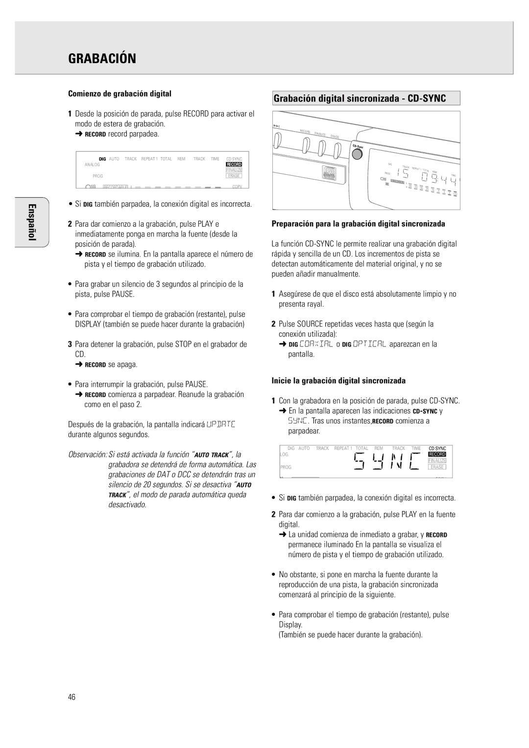 Philips CDR 760 manual Grabación digital sincronizada CD-SYNC, Comienzo de grabación digital 