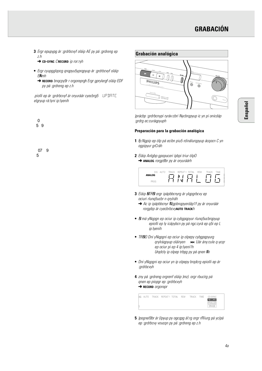 Philips CDR 760 manual Grabación analógica, Enspañol, Preparación para la grabación analógica 