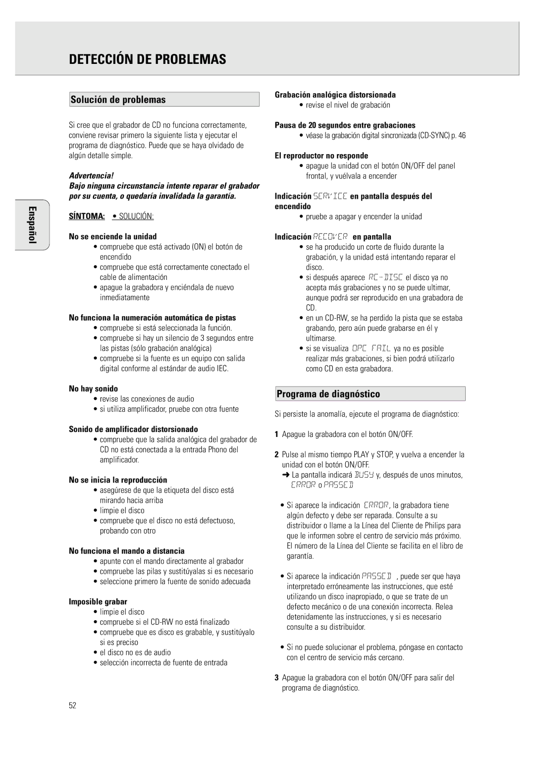 Philips CDR 760 manual Detección DE Problemas, Enspañol Solución de problemas, Programa de diagnóstico 