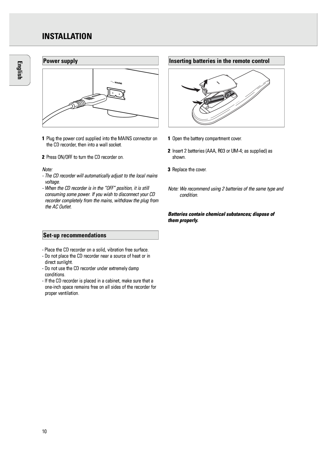 Philips CDR 760 Power supply, Set-uprecommendations, Inserting batteries in the remote control, Installation, English 
