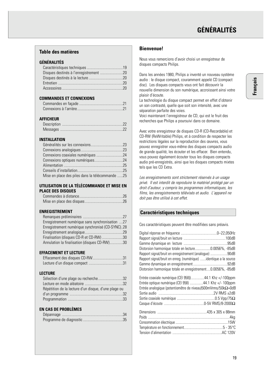 Philips CDR 760 Généralités, Table des matières, Bienvenue, Caractéristiques techniques, Français, Commandes Et Connexions 