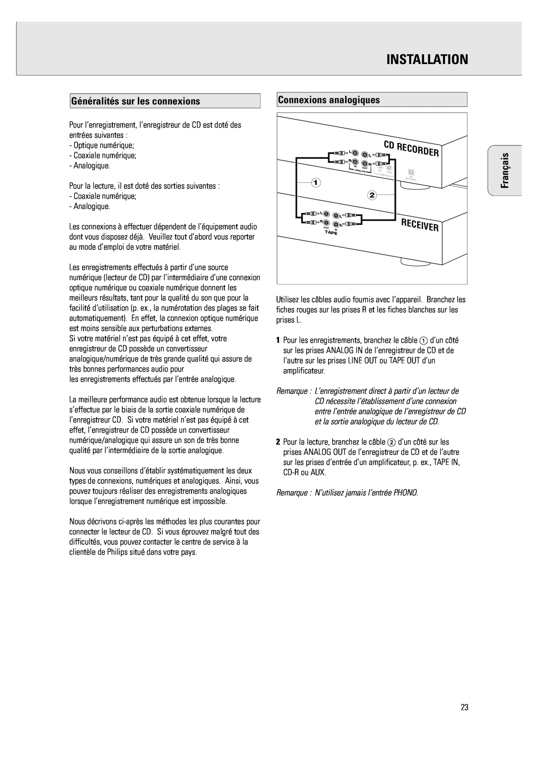 Philips CDR 760 manual Généralités sur les connexions, Installation, Français, Connexions analogiques, Recorder, Receiver 