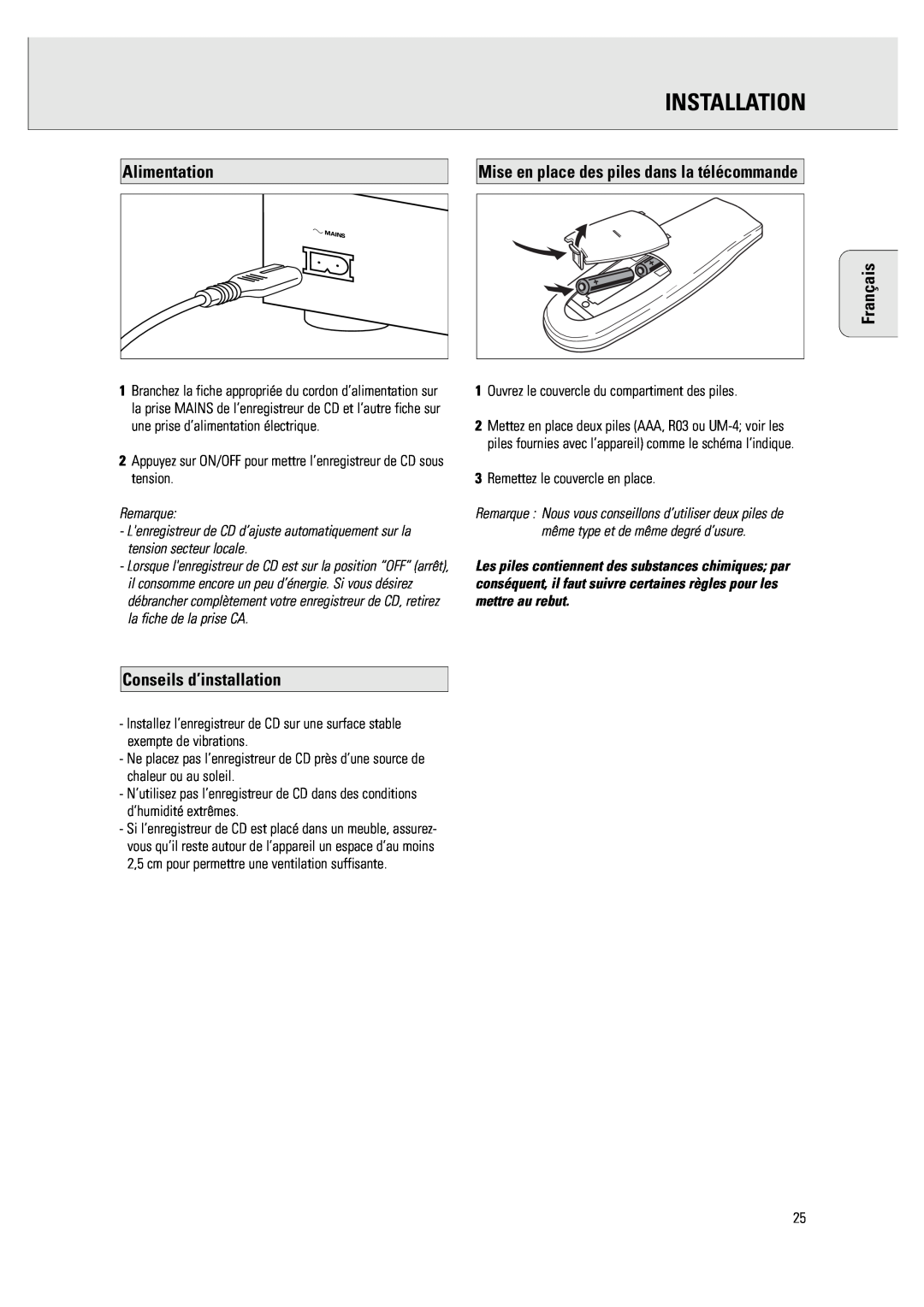 Philips CDR 760 manual Alimentation, Mise en place des piles dans la télécommande, Conseils d’installation, Installation 