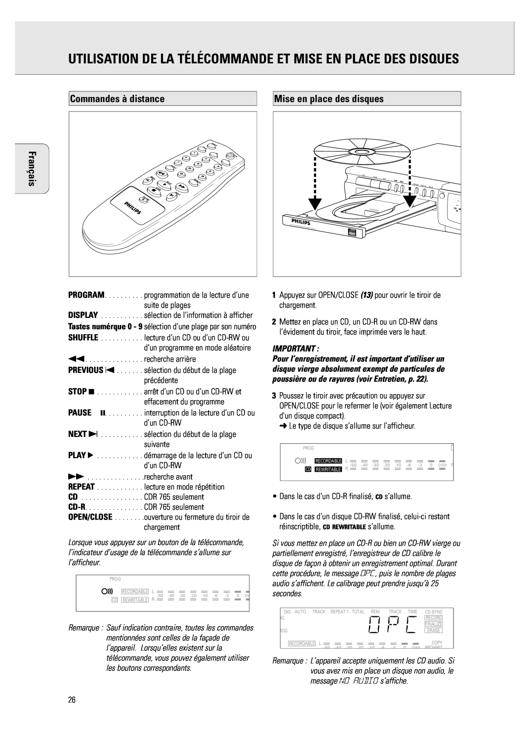 Philips CDR 760 manual Commandes à distance, Mise en place des disques, Français 