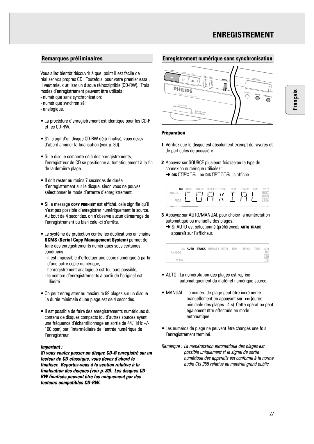 Philips CDR 760 manual Remarques préliminaires, Enregistrement numérique sans synchronisation, Français 