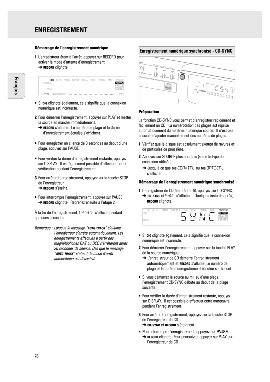 Philips CDR 760 manual Enregistrement numérique synchronisé - CD-SYNC, Démarrage de l’enregistrement numérique, Préparation 