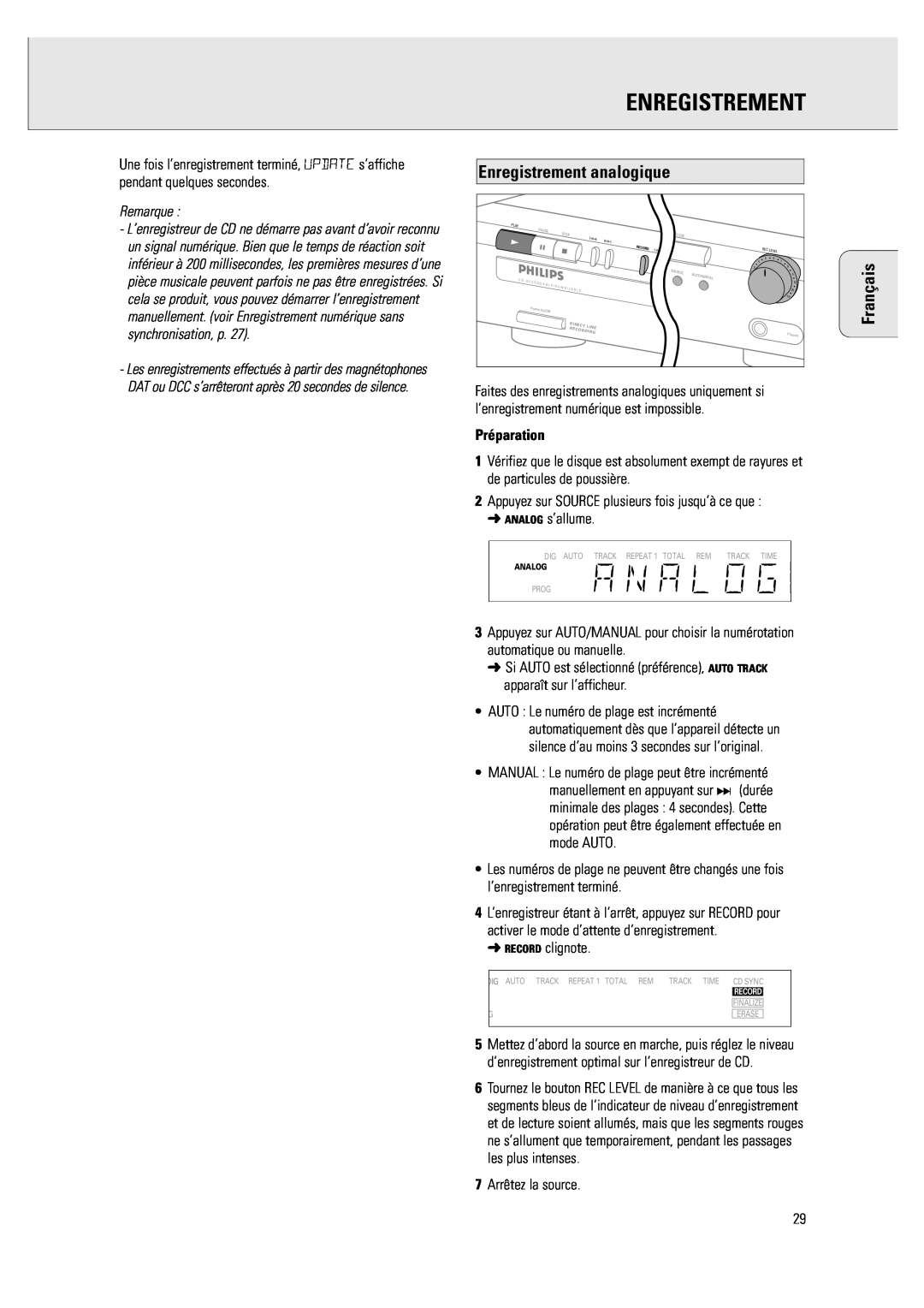 Philips CDR 760 manual Enregistrement analogique, Français, Préparation 