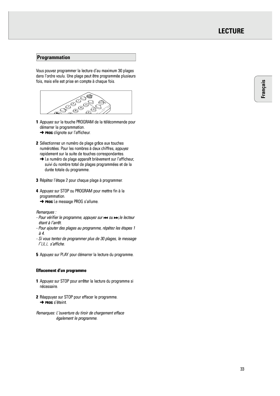 Philips CDR 760 manual Programmation, Effacement d’un programme, Lecture, Français 