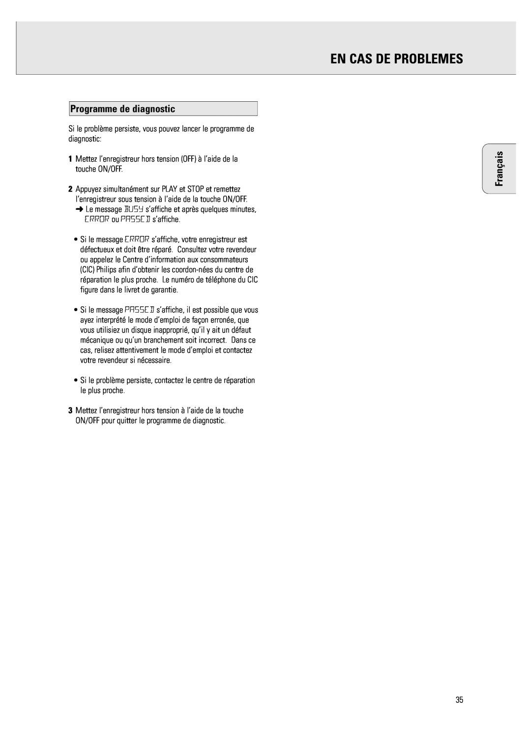 Philips CDR 760 manual Programme de diagnostic, En Cas De Problemes, Français 
