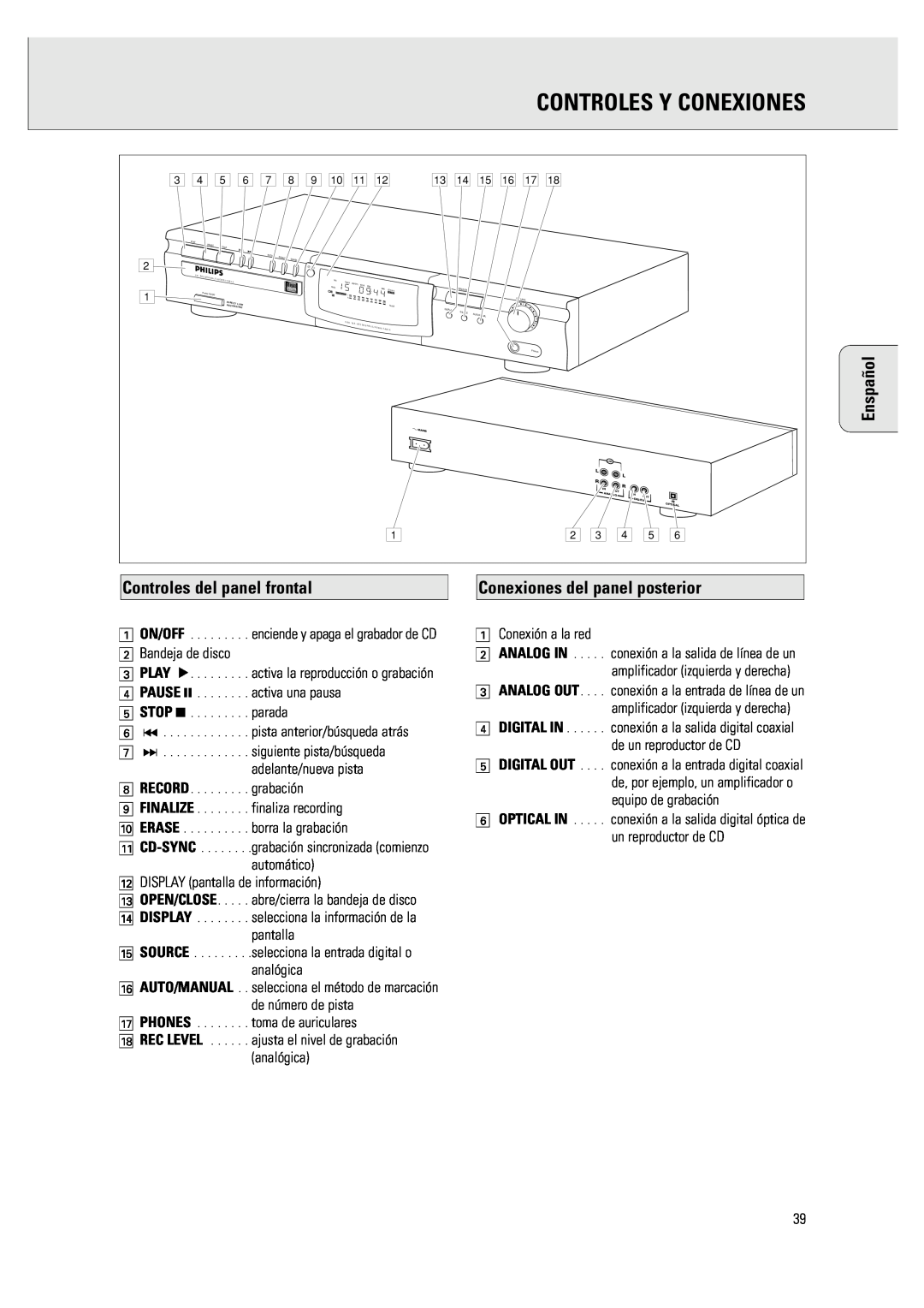 Philips CDR 760 manual Controles Y Conexiones, Controles del panel frontal, Conexiones del panel posterior, Enspañol 