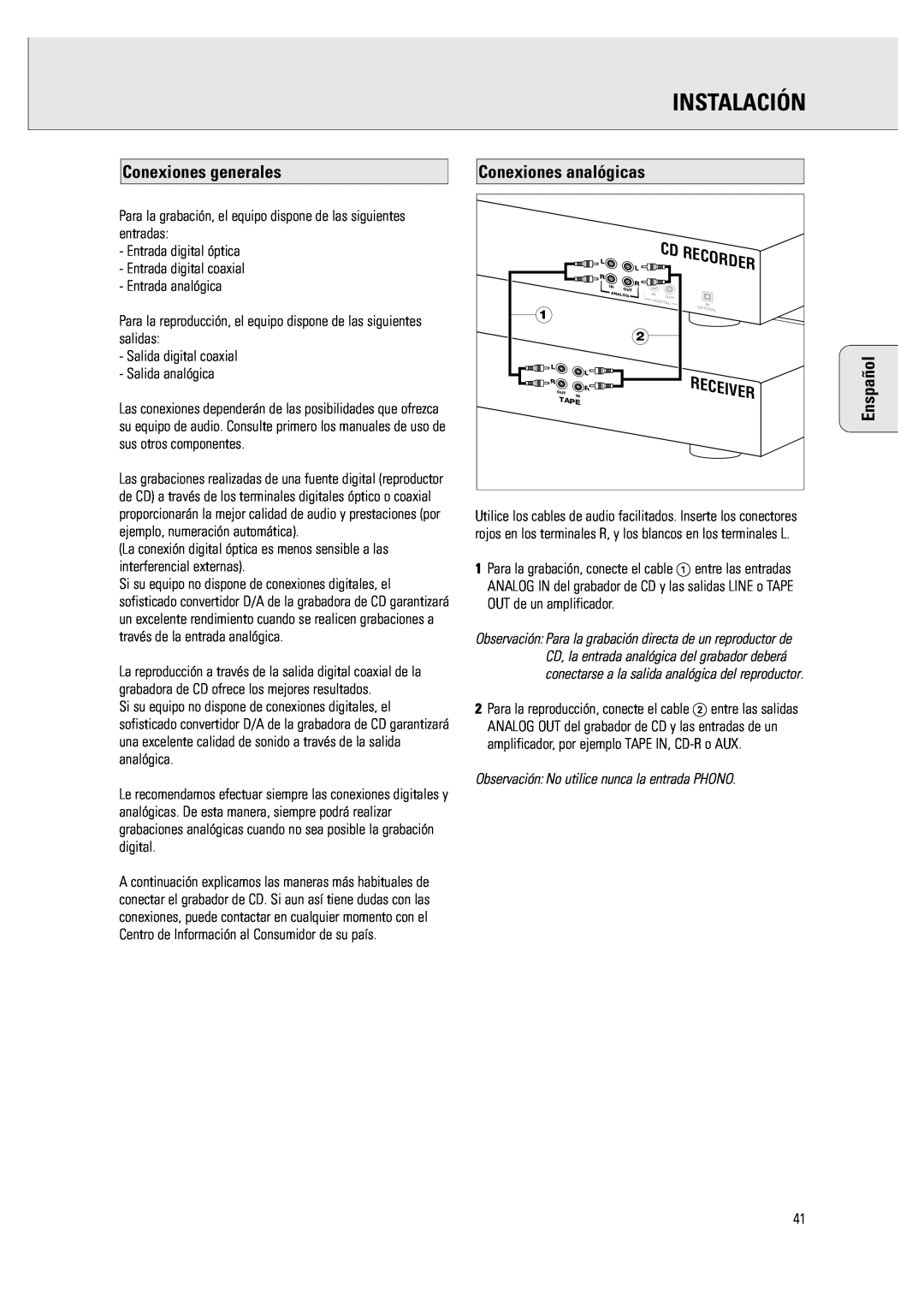 Philips CDR 760 manual Instalación, Conexiones generales, Enspañol 
