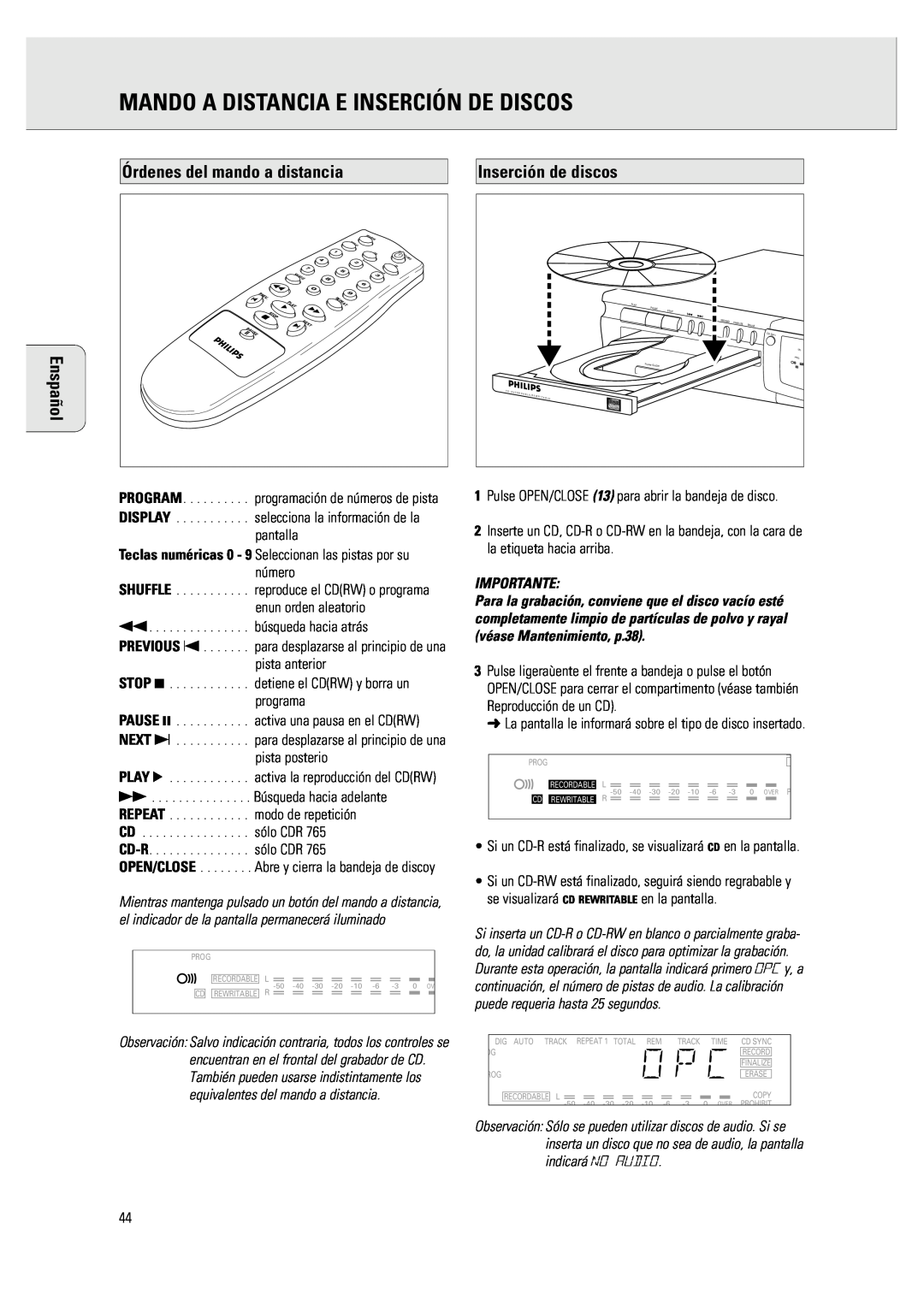 Philips CDR 760 manual Mando A Distancia E Inserción De Discos, Órdenes del mando a distancia, Inserción de discos, Shuffle 