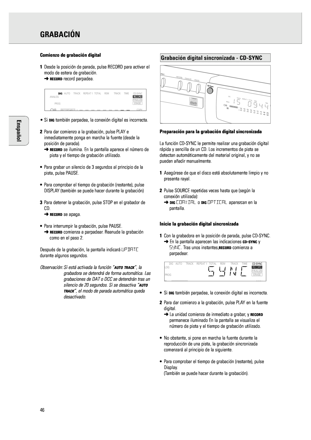 Philips CDR 760 manual Grabación digital sincronizada - CD-SYNC, Comienzo de grabación digital, Enspañol 