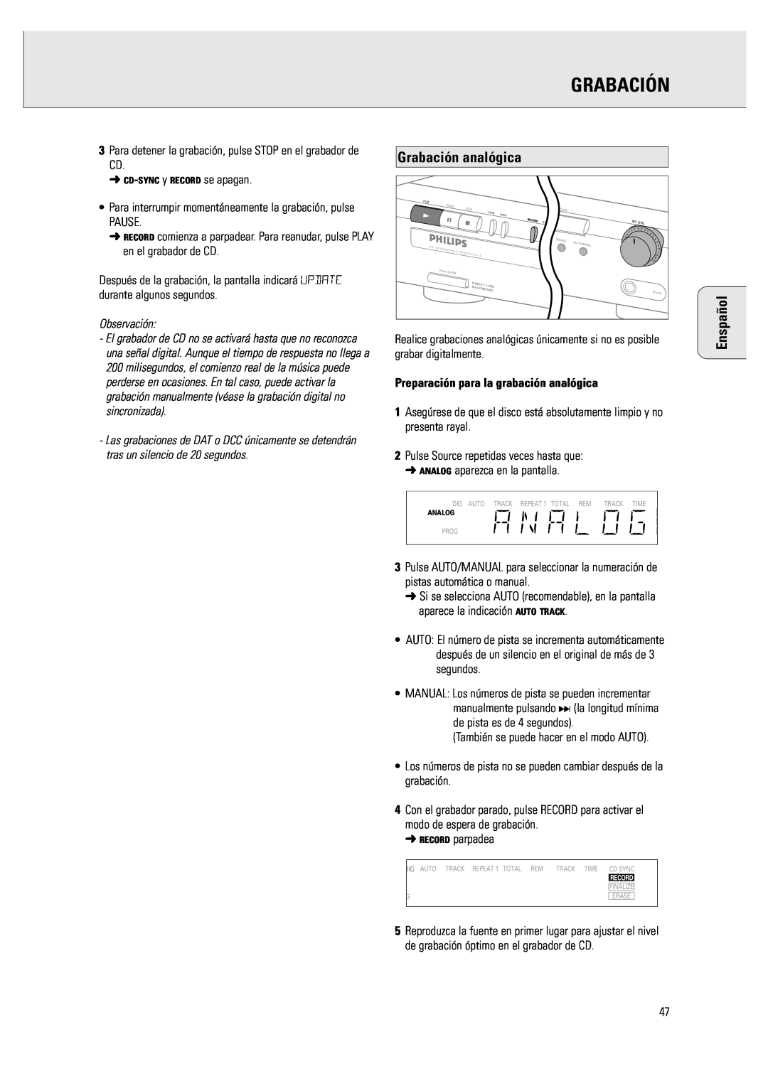 Philips CDR 760 manual Grabación analógica, Enspañol, Preparación para la grabación analógica 