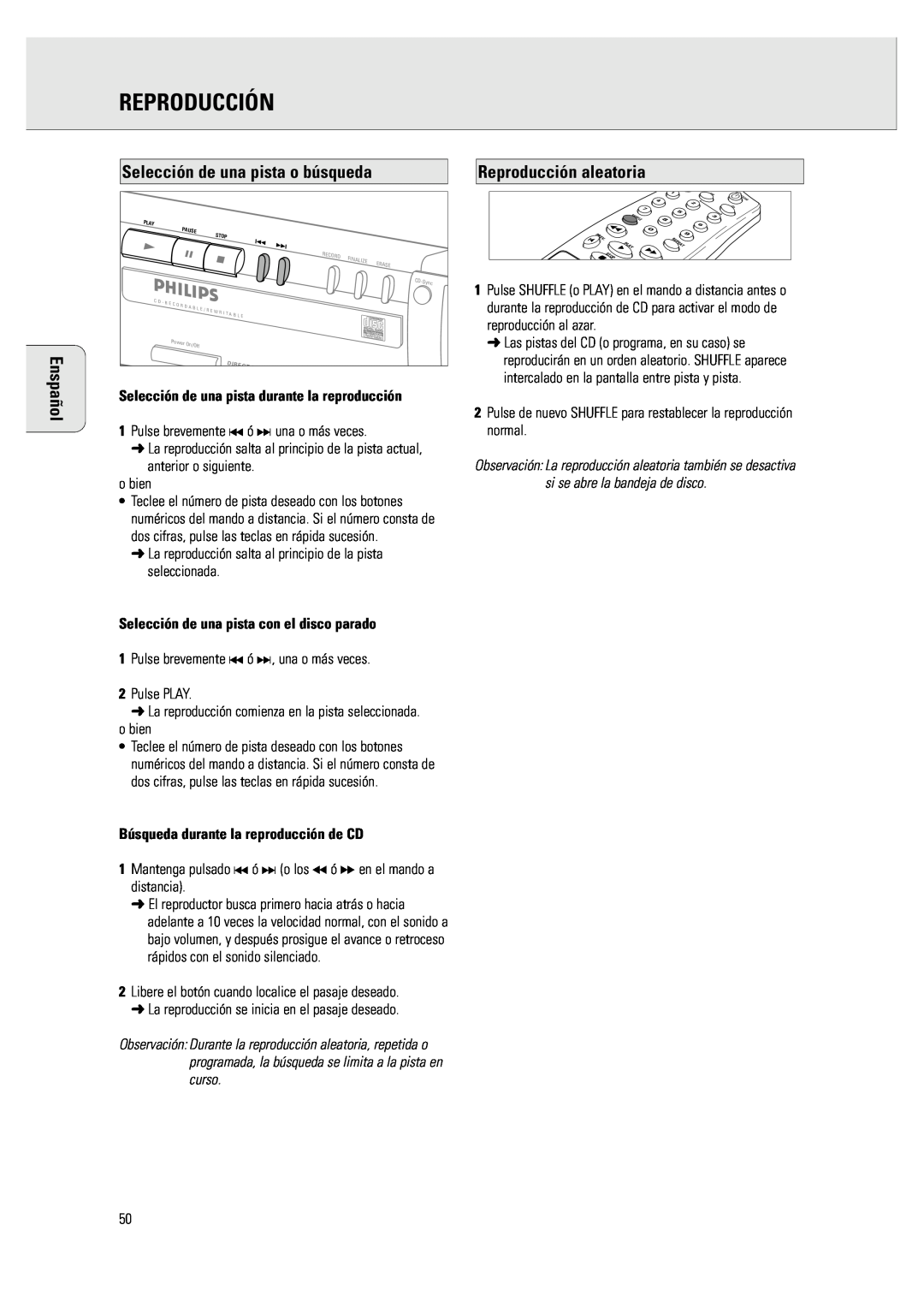 Philips CDR 760 manual Selección de una pista o búsqueda, Reproducción aleatoria, Enspañol 