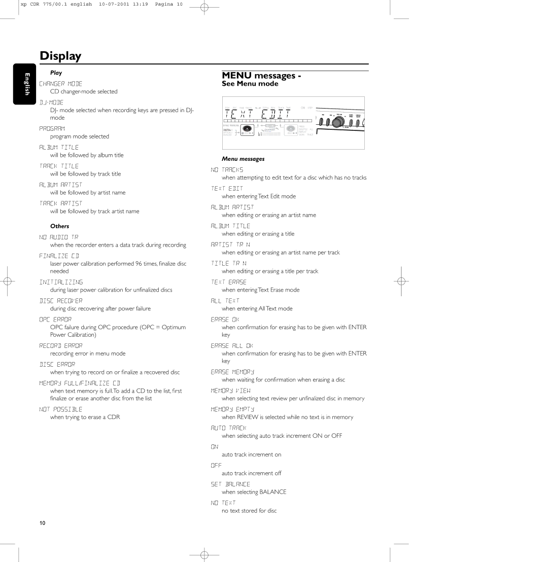 Philips CDR-776, CDR-775, CDR-777 manual Menu messages, Play, Others 