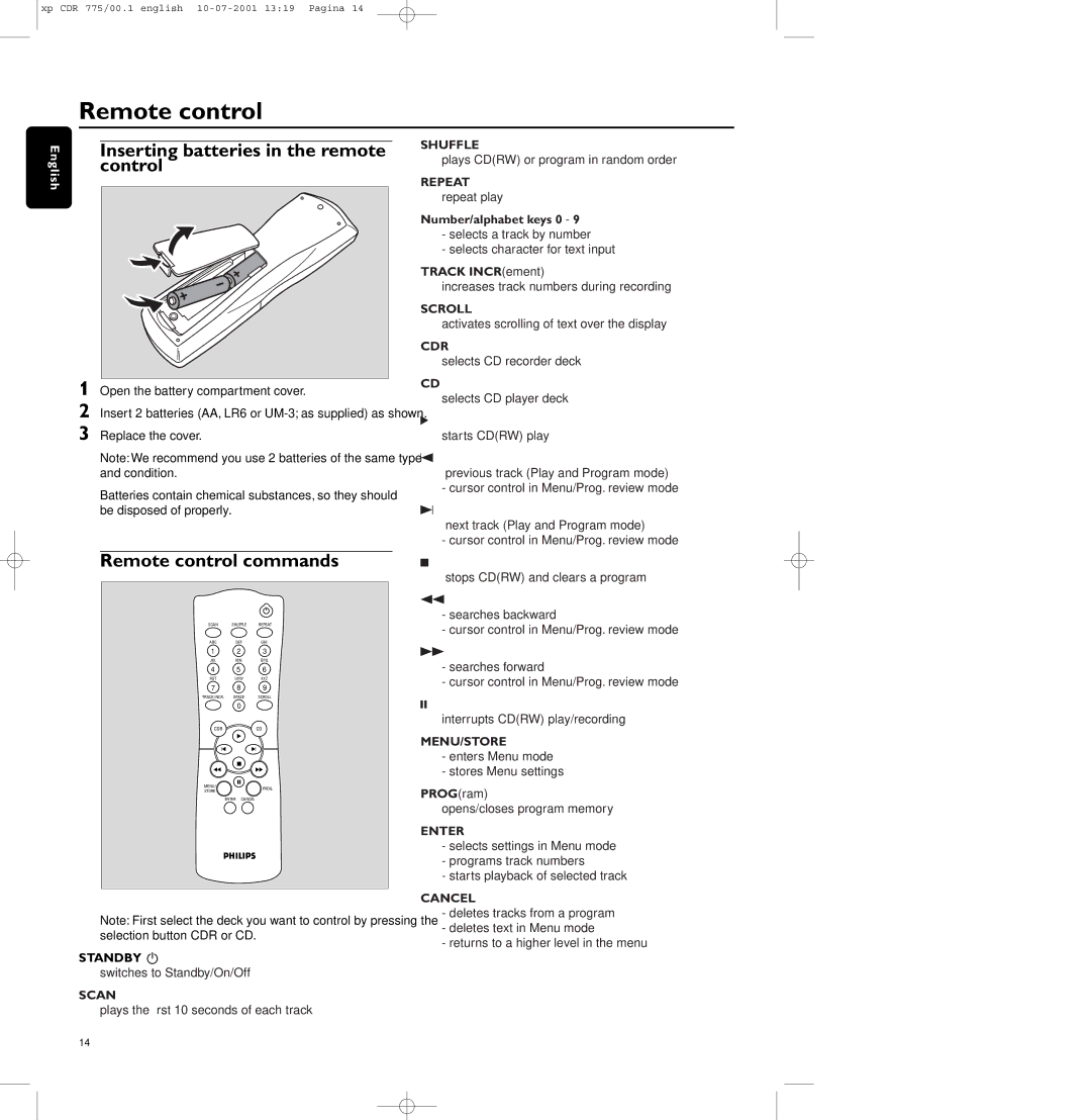 Philips CDR-777, CDR-775 Inserting batteries in the remote control, Remote control commands, Number/alphabet keys 0 