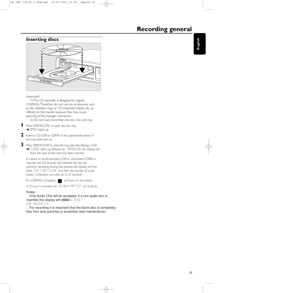 Philips CDR-775, CDR-776, CDR-777 manual Recording general, Inserting discs 