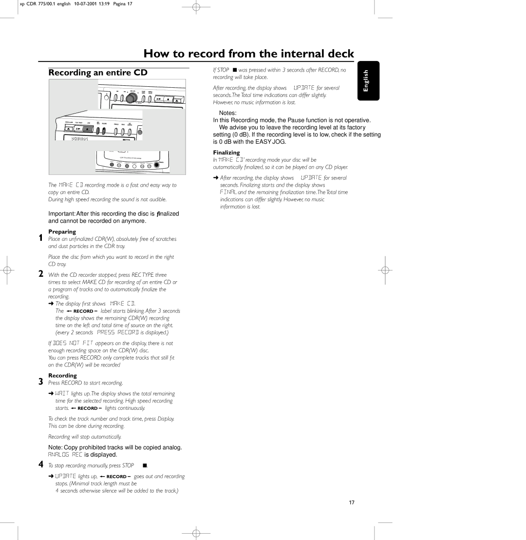 Philips CDR-777, CDR-775, CDR-776 manual How to record from the internal deck, Recording an entire CD, Preparing, Finalizing 