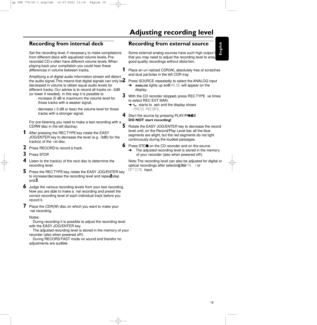 Philips CDR-776, CDR-775, CDR-777 Adjusting recording level, Recording from internal deck, Recording from external source 