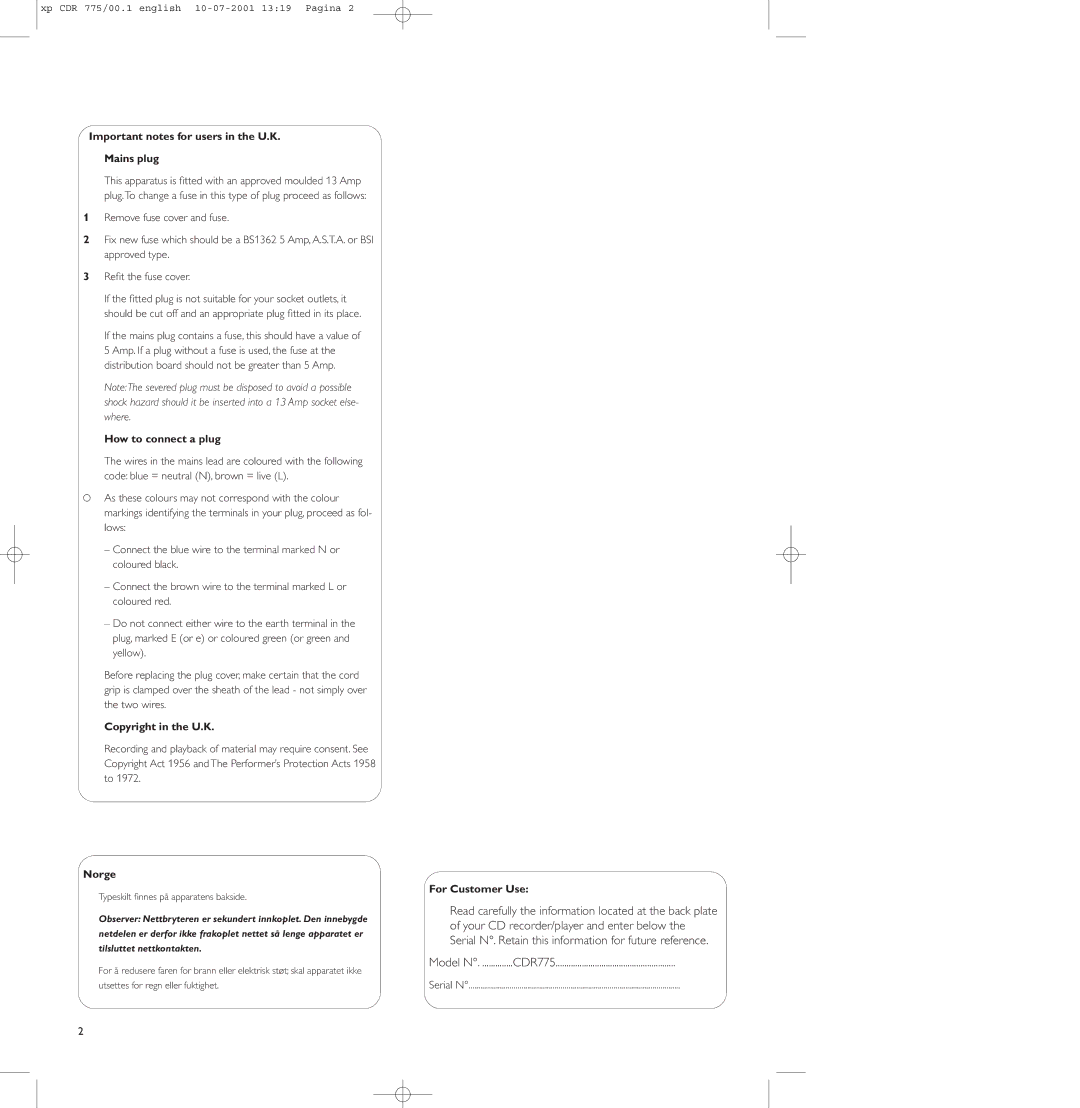 Philips CDR-777, CDR-775, CDR-776 manual Important notes for users in the U.K Mains plug 