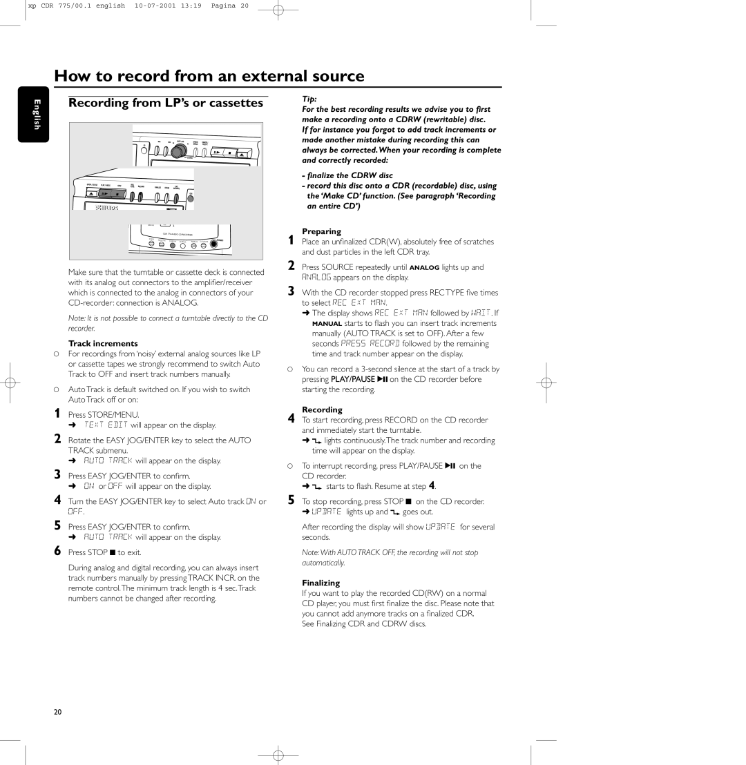 Philips CDR-777, CDR-775 How to record from an external source, Track increments, Tip, See Finalizing CDR and Cdrw discs 