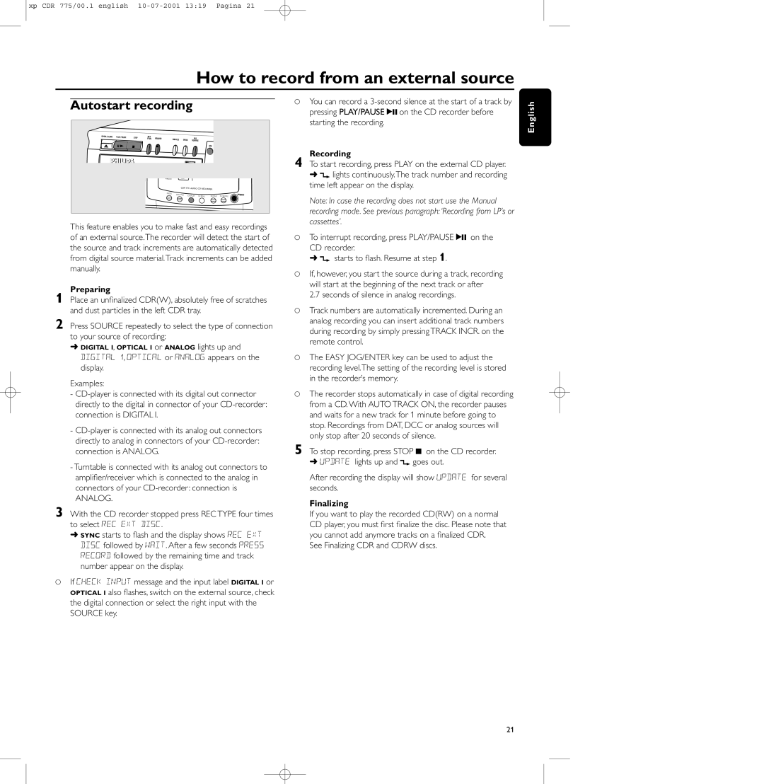 Philips CDR-775, CDR-776, CDR-777 manual Autostart recording 