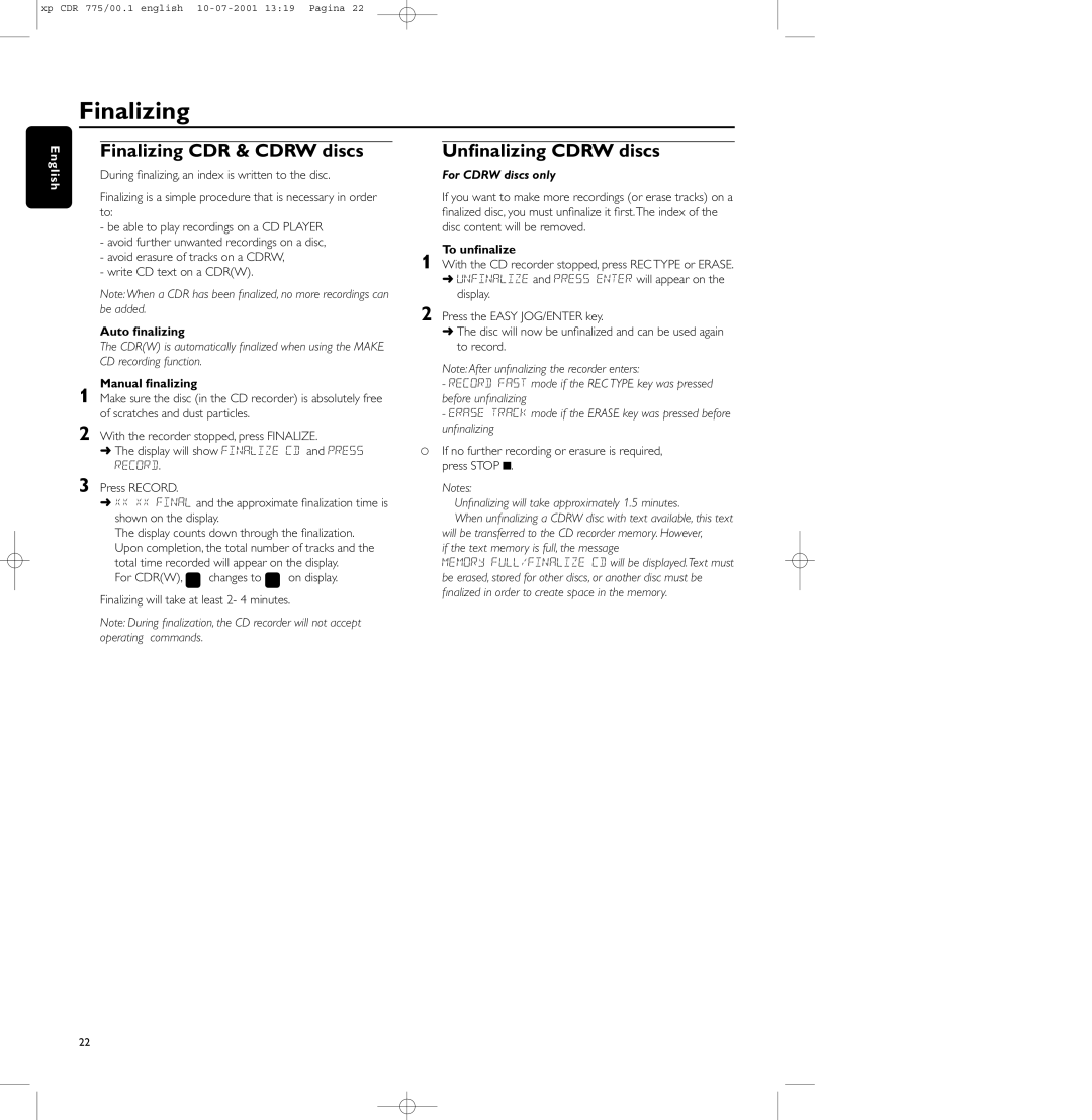 Philips CDR-776, CDR-775, CDR-777 manual Finalizing CDR & Cdrw discs, Unﬁnalizing Cdrw discs, For Cdrw discs only 