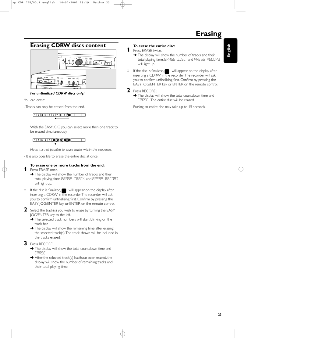 Philips CDR-777 Erasing Cdrw discs content, For unﬁnalized Cdrw discs only, To erase one or more tracks from the end 