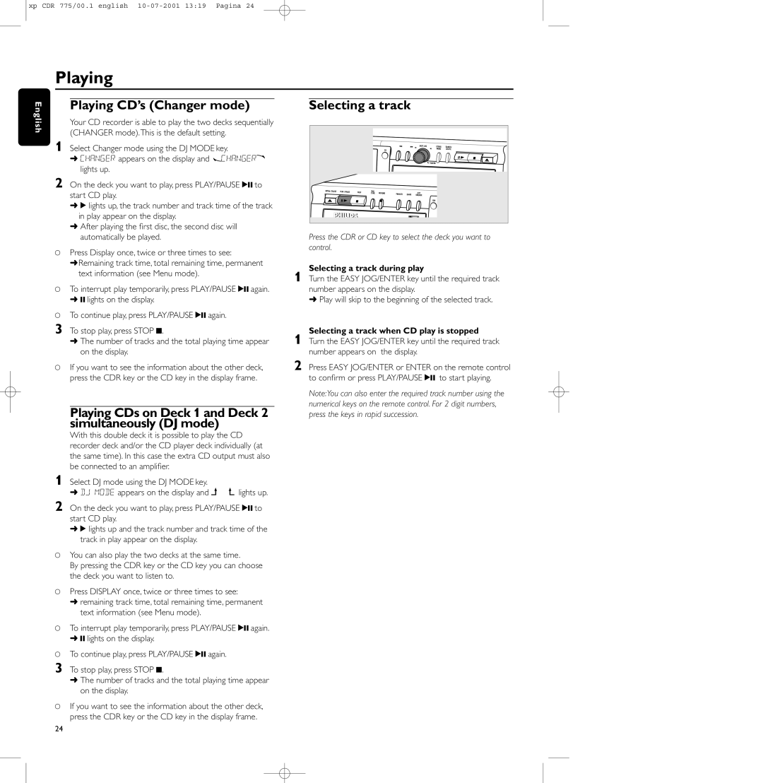 Philips CDR-775 Playing CD’s Changer mode, Playing CDs on Deck 1 and Deck 2 simultaneously DJ mode, Selecting a track 