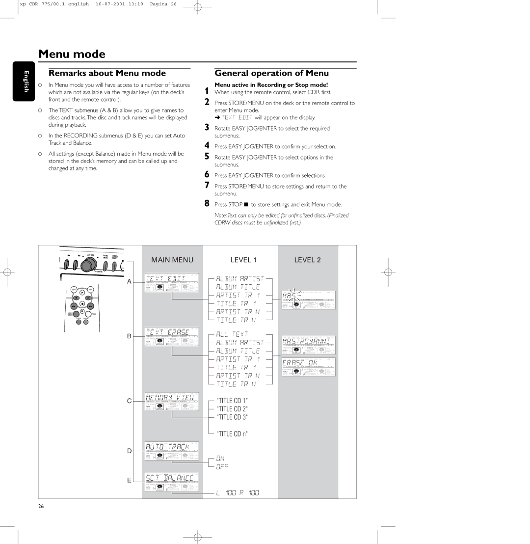 Philips CDR-777, CDR-775 Remarks about Menu mode, General operation of Menu, Menu active in Recording or Stop mode 