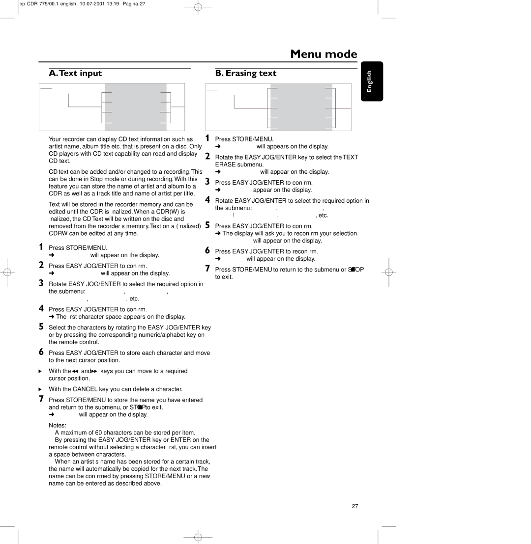 Philips CDR-775, CDR-776, CDR-777 manual Text input, Erasing text, Update will appear on the display 