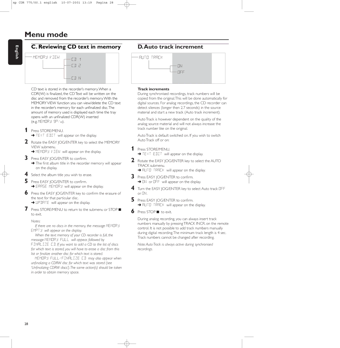 Philips CDR-776, CDR-775, CDR-777 manual Reviewing CD text in memory, Auto track increment 