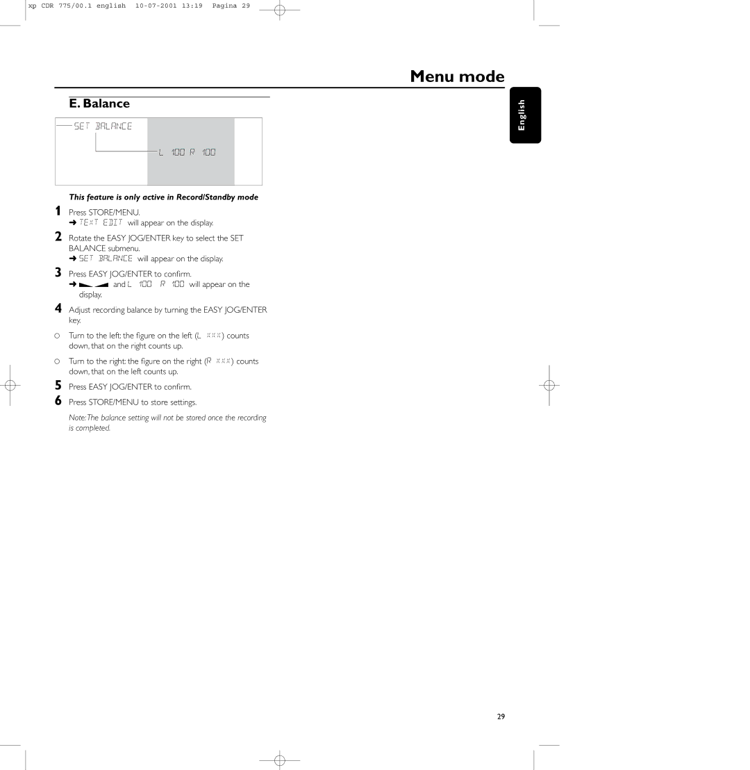 Philips CDR-777, CDR-775, CDR-776 manual Balance, This feature is only active in Record/Standby mode 