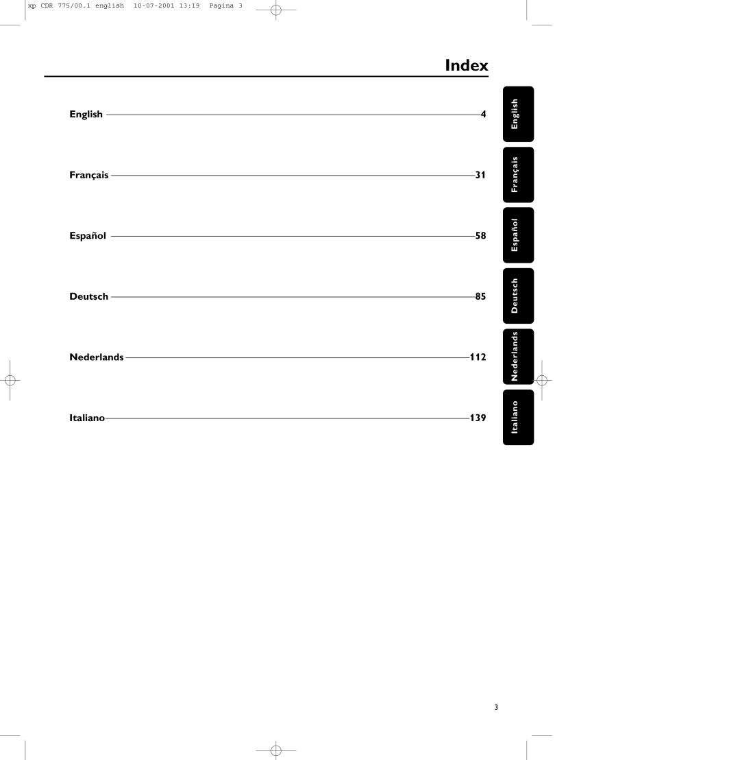 Philips CDR-775, CDR-776, CDR-777 manual Index, English Français Español Deutsch Nederlands Italiano139 
