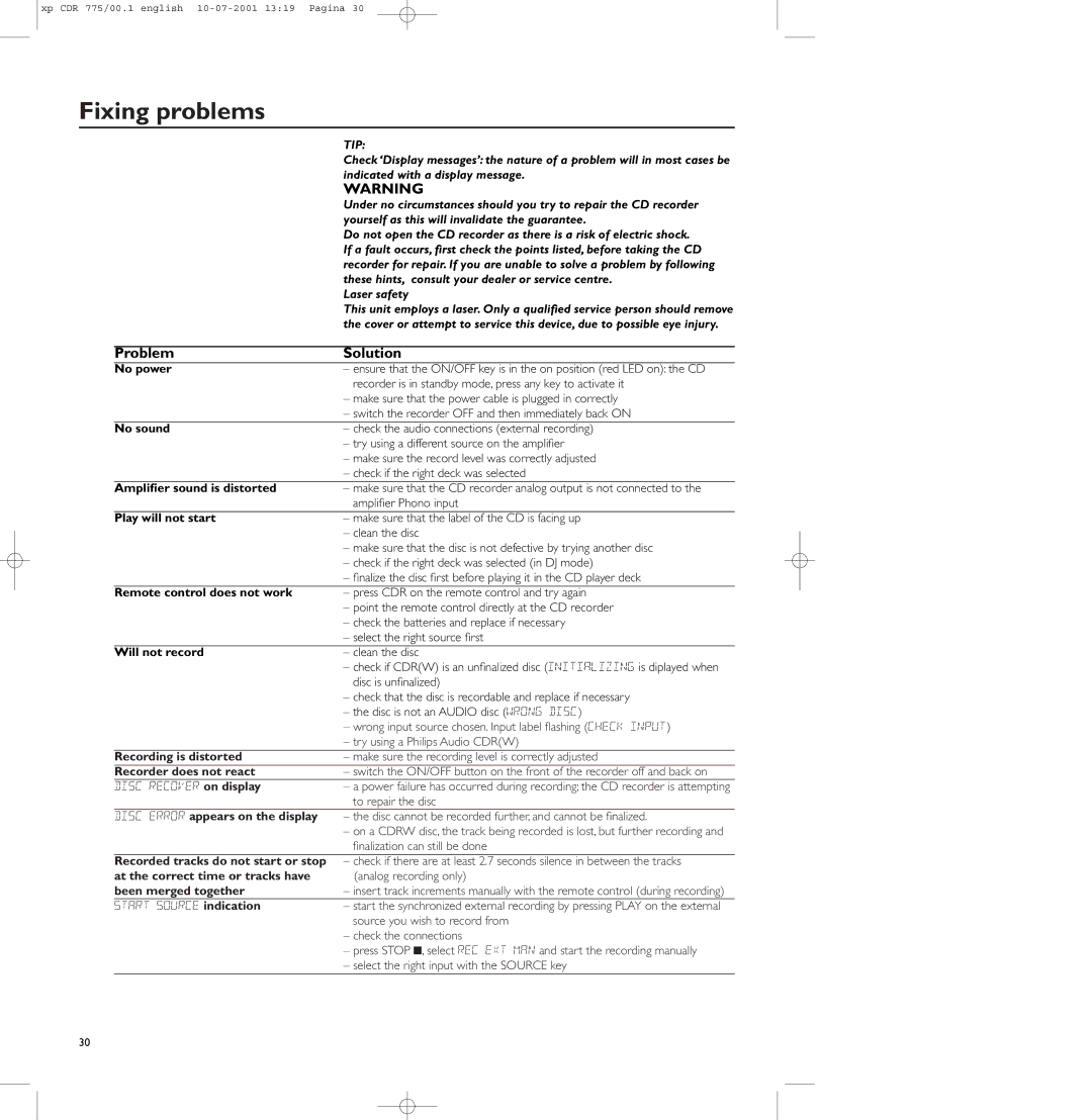 Philips CDR-775, CDR-776 Fixing problems, Indicated with a display message, Yourself as this will invalidate the guarantee 