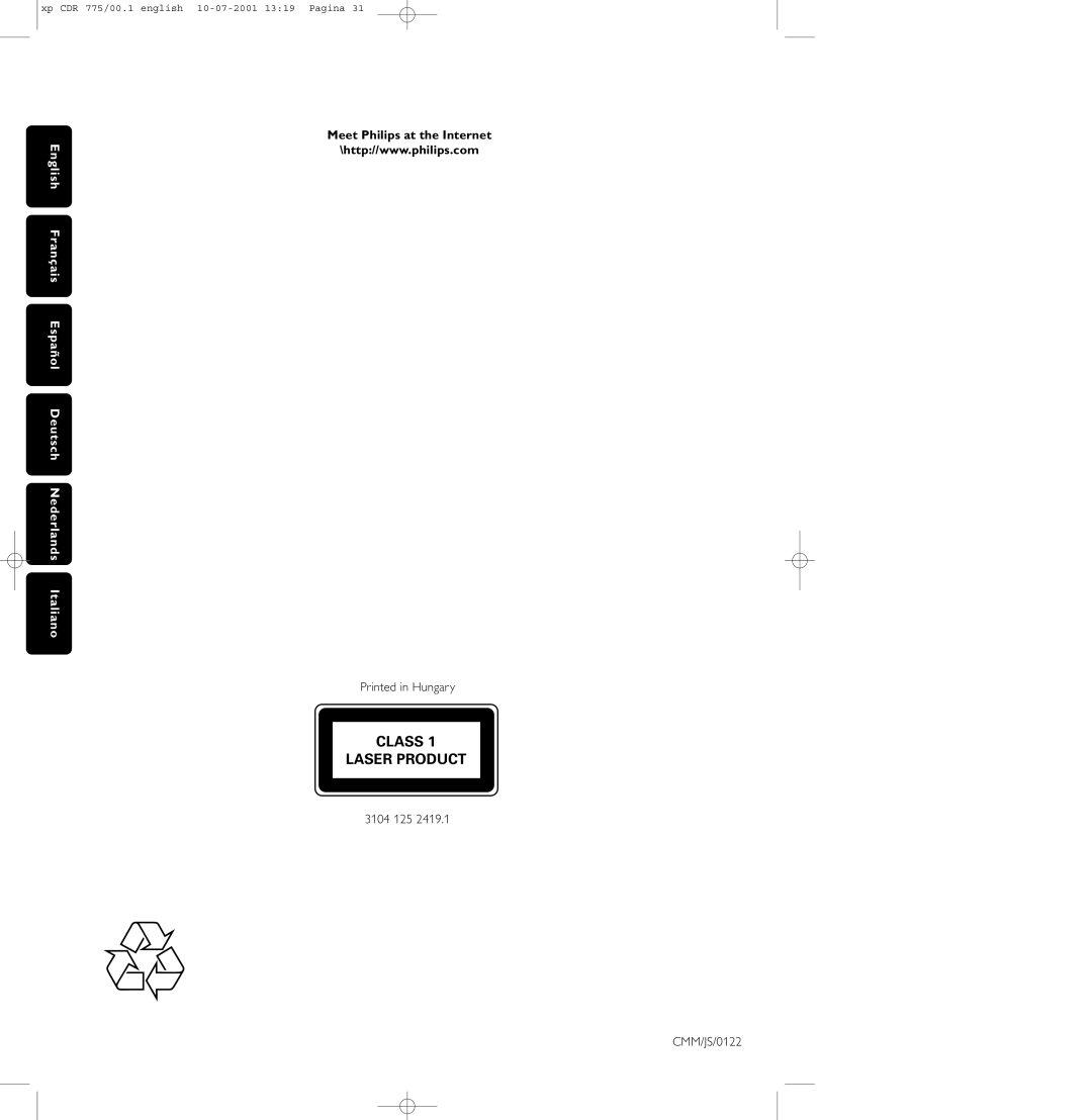 Philips CDR-776, CDR-775, CDR-777 manual Meet Philips at the Internet, 3104 125 CMM/JS/0122 