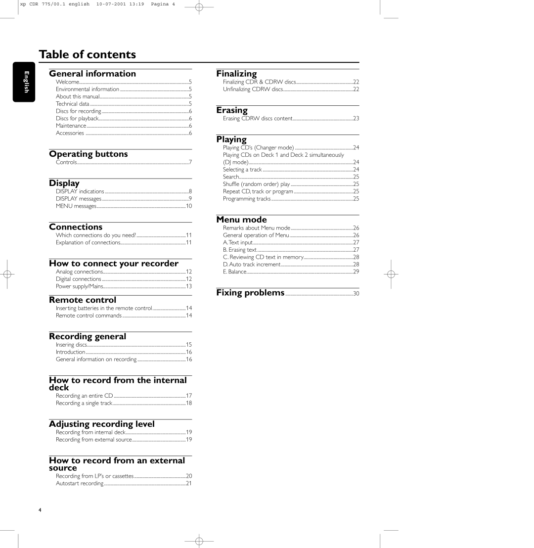 Philips CDR-776, CDR-775, CDR-777 manual Table of contents 