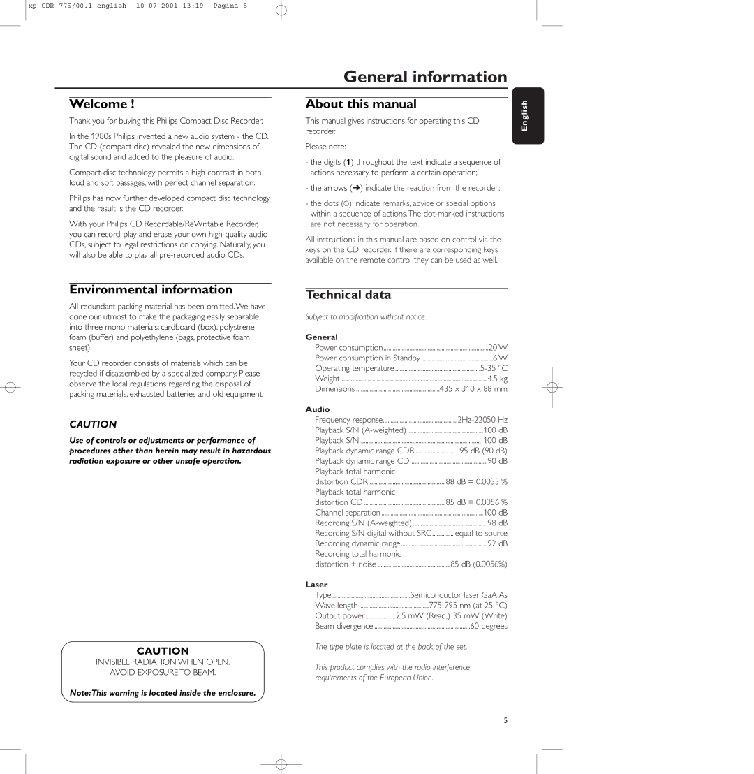 Philips CDR-777, CDR-775 General information, Welcome, About this manual, Environmental information, Technical data 
