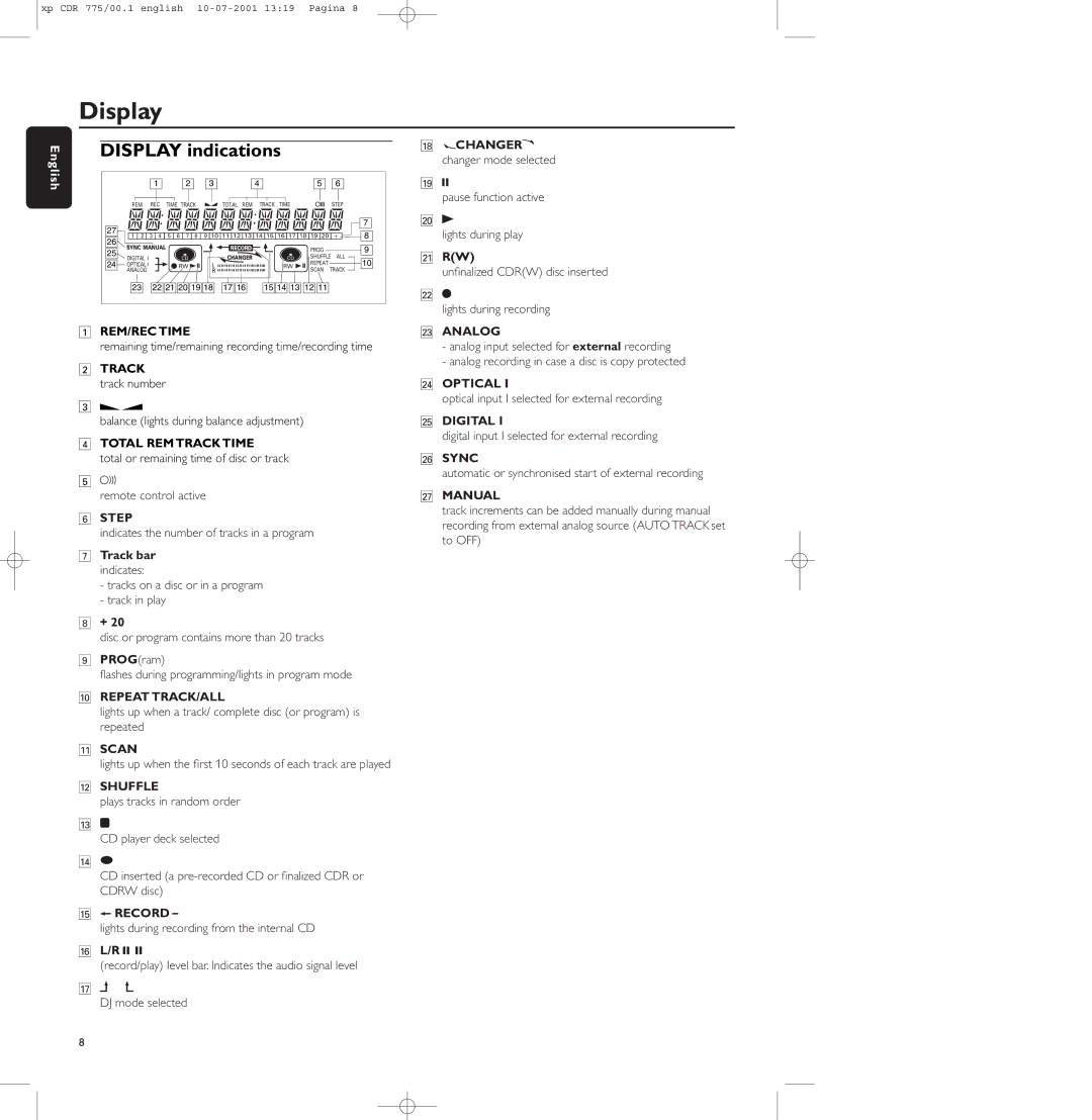 Philips CDR-777, CDR-775, CDR-776 manual Display indications 