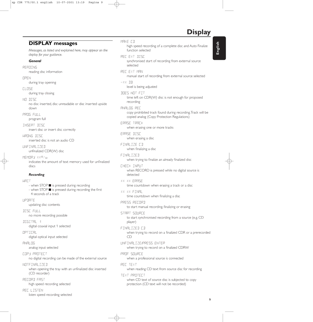 Philips CDR-775, CDR-776, CDR-777 manual Display messages, General, Recording 