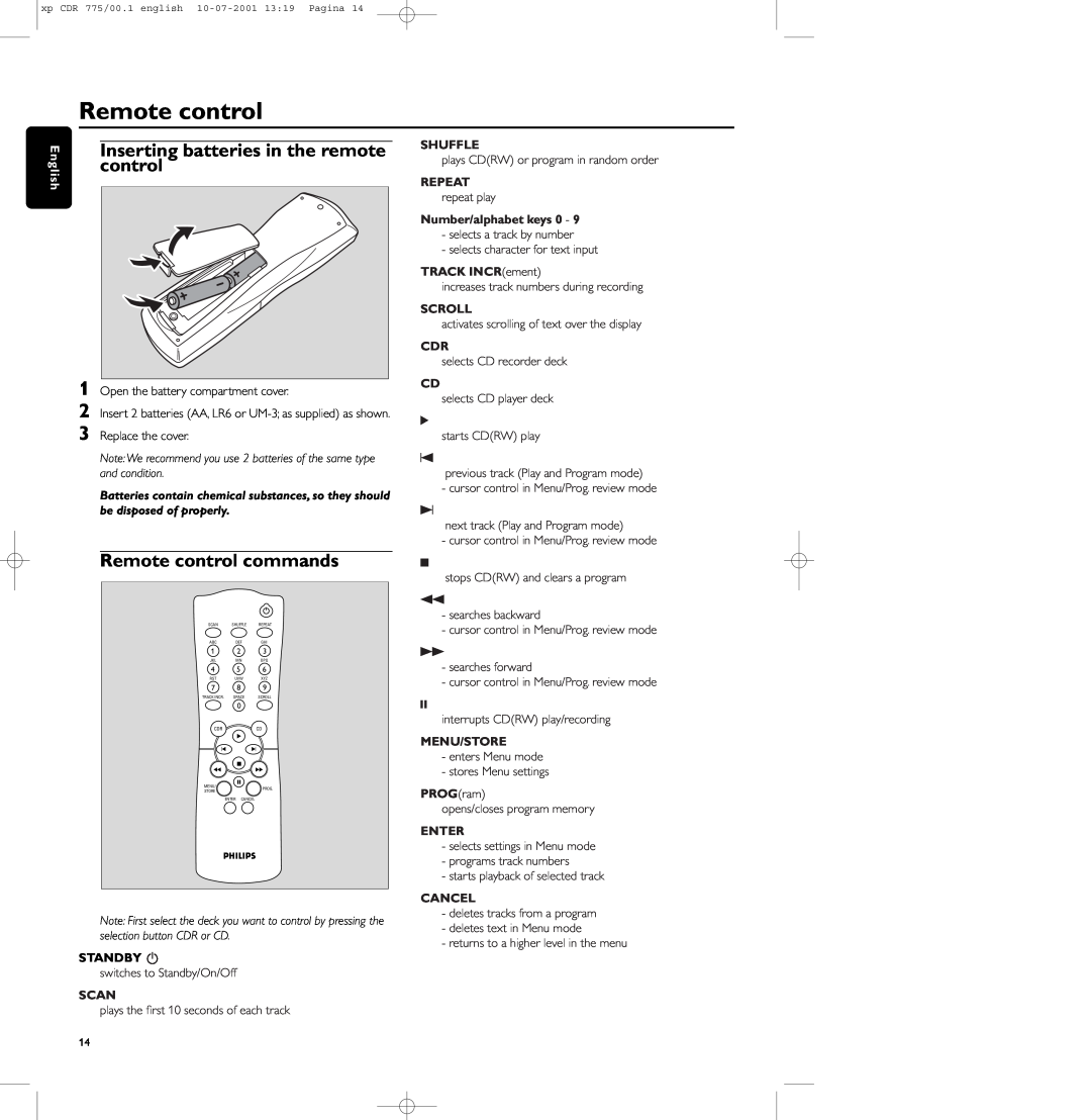 Philips CDR-777, CDR-775, CDR-776 manual Inserting batteries in the remote control, Remote control commands, English 