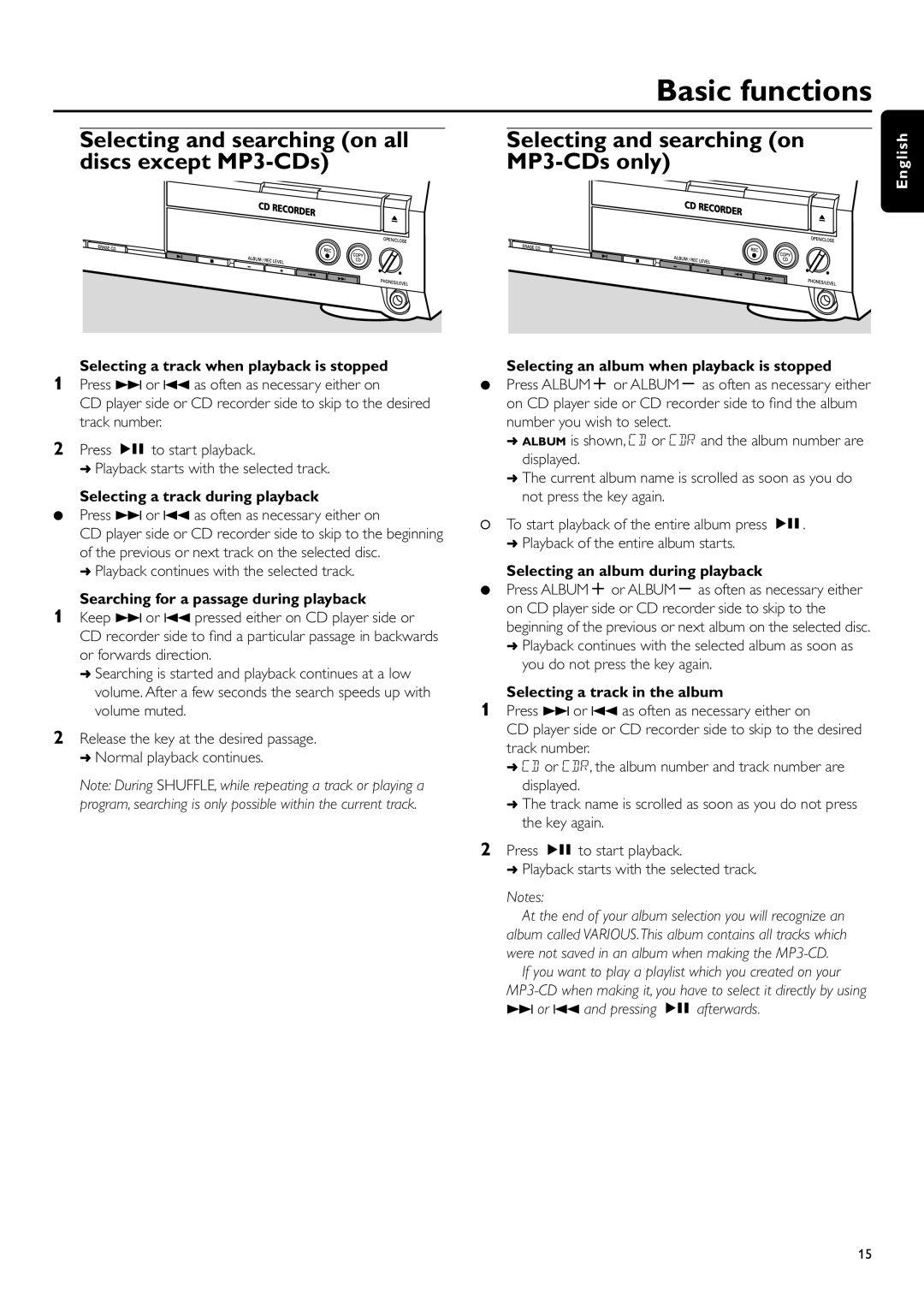 Philips CDR-795 manual Selecting a track when playback is stopped, Selecting a track during playback 