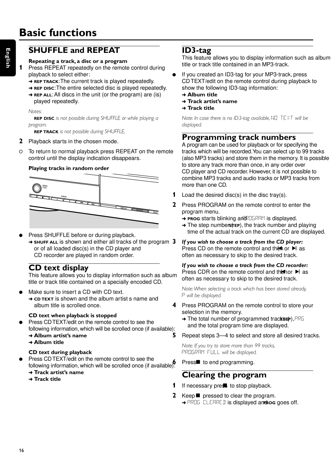 Philips CDR-795 manual Shuffle and Repeat, CD text display 