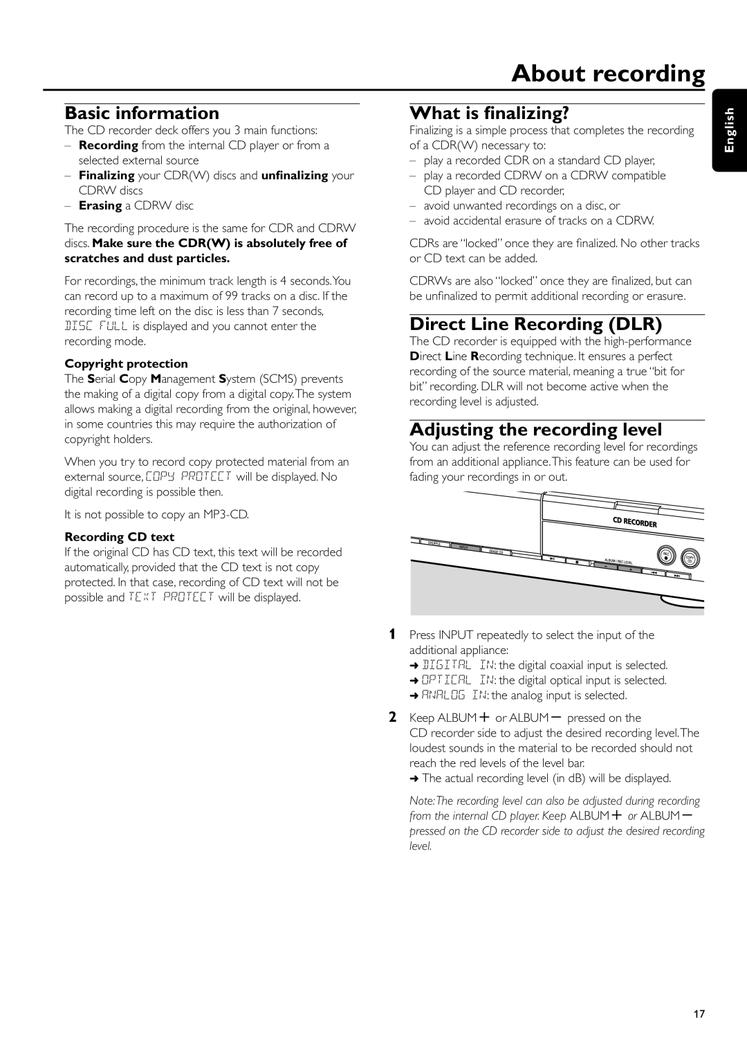 Philips CDR-795 manual About recording, Basic information, What is ﬁnalizing?, Direct Line Recording DLR 