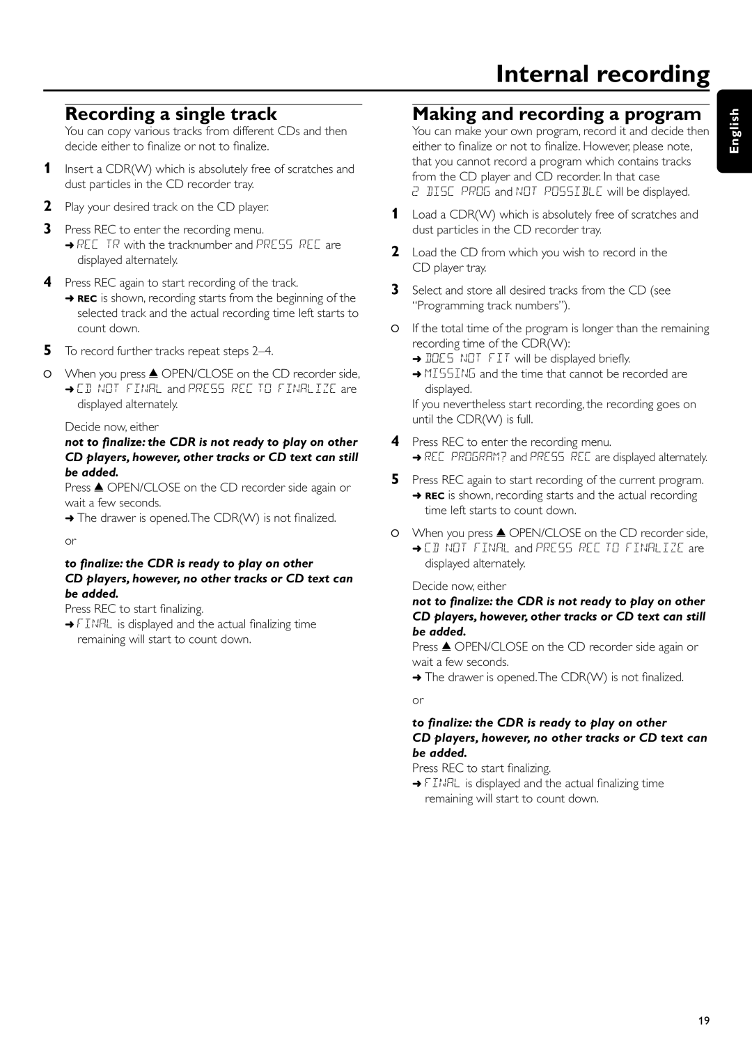 Philips CDR-795 manual Recording a single track, Making and recording a program 