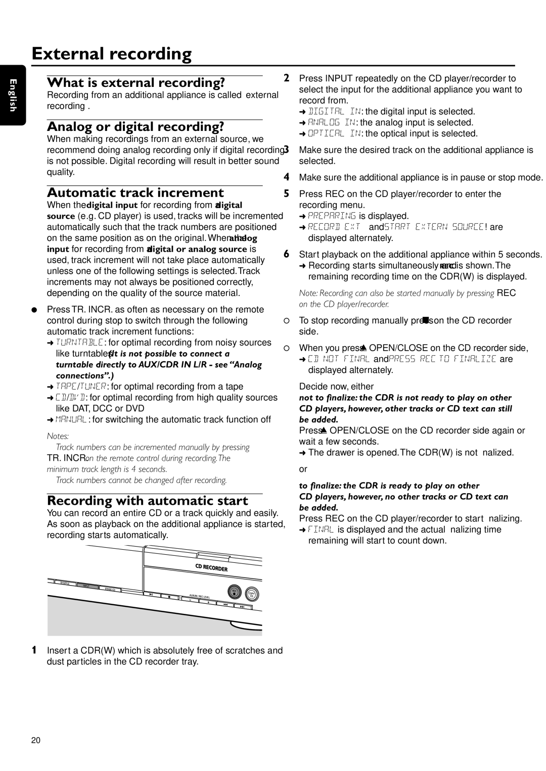 Philips CDR-795 External recording, What is external recording?, Analog or digital recording?, Automatic track increment 