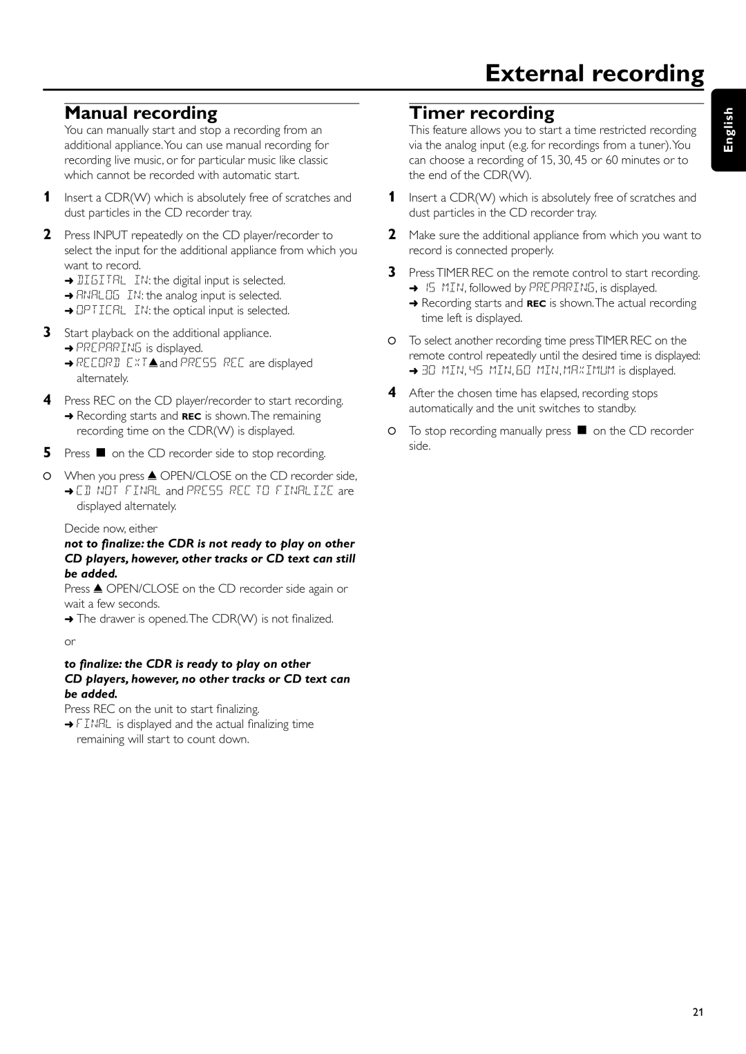 Philips CDR-795 manual Manual recording, Timer recording, 30 MIN, 45 MIN, 60 MIN, Maximum is displayed 