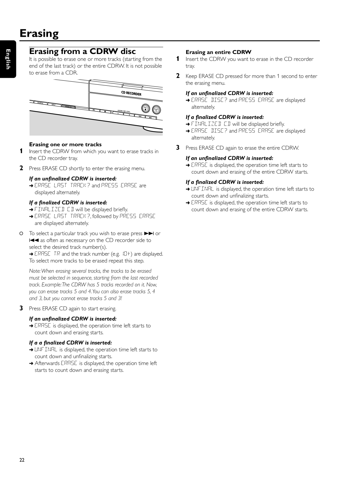 Philips CDR-795 manual Erasing from a Cdrw disc, If an unﬁnalized Cdrw is inserted, If a ﬁnalized Cdrw is inserted 